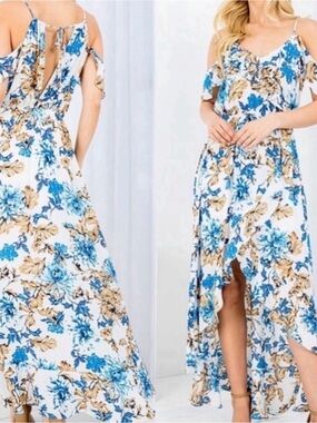ILLA ILLA White Floral High-Low Maxi Dress with Blue and Tan Blooms
